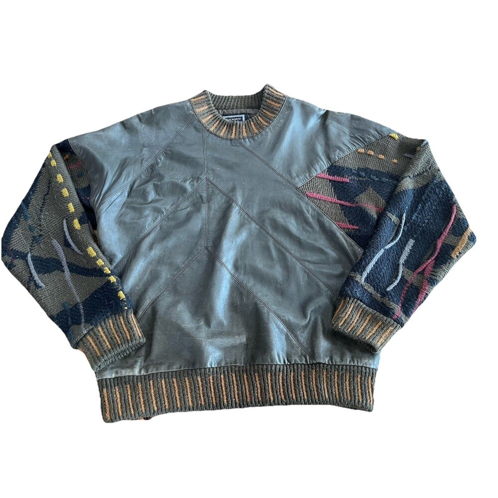 Vintage Saxony Leather Knit Sweater Mens Large Patchwork Crewneck 90s